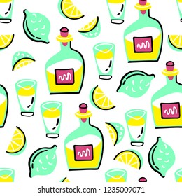 Seamless vector pattern with tequilla bottles, shots and limes. Hand drawn style