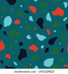 Seamless vector pattern with terrazzo texture on blue background. Simple mosaic grid wallpaper design with neon colours. Decorative artistic fashion textile.