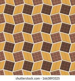 Seamless vector pattern with tessellated milk and dark chocolate bars and graham crackers on a neutral beige background. Fun food illustration for fabric, gift wrap, packaging, paper goods, gifts.