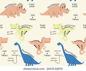 Seamless vector pattern with text playful dinosaurs like Triceratops, with text elements like cute and funny,Dino Power, Perfect for kids' apparel, textile, wallpapers,bottle and themed designs.