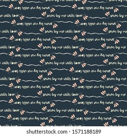 Seamless vector pattern with text sewn by me with love on dark grey background for handmade clothes, fabric, lining, or backgrounds, banners and other use. Trendy vintage style.