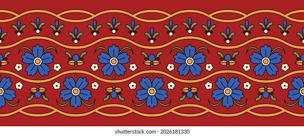 Seamless vector pattern for textile decoration. Border with classic floral folk ornament. 