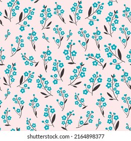 Seamless vector pattern for textiles, prints and decor. Ornament of forget-me-not twigs, blue flowers on a pink background.