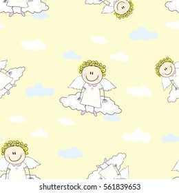 Seamless vector pattern texture angel in the clouds yellow