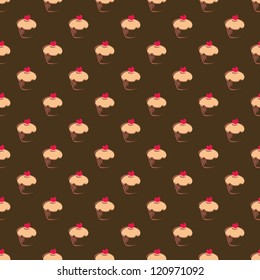 Seamless vector pattern, texture or background with sweet muffin cupcakes on chocolate dark brown background. Red lovely heart on top. For web design, culinary blog or desktop wallpaper
