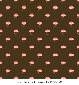 Seamless vector pattern, texture or background with big sweet muffin cupcakes on chocolate dark brown background. Red lovely heart on top. For web design, culinary blog or desktop wallpaper