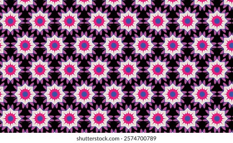 Seamless vector pattern texture background in the form of abstract flowers colored in blue, purple and magenta on a black background