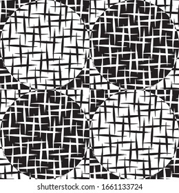 Seamless vector pattern texture with black and white brush strokes. Simple modern wallpaper design with circles.