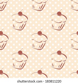 Seamless vector pattern or texture with cherry cupcakes and white polka dots on pink background. Hand drawn muffins and sweet cake dessert background for desktop wallpaper, culinary blog website.