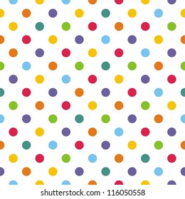 Seamless vector pattern or texture with colorful polka dots on white background for kids background, blog, web design, scrapbooks, party or baby shower invitations and wedding cards.