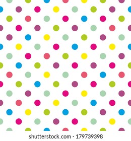 Seamless vector pattern or texture with colorful pink, green, yellow and blue polka dots on white background for kids background, blog, website design, scrapbooks or baby shower invitations