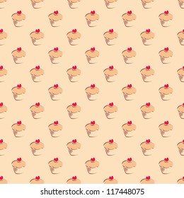 Seamless Vector Pattern Or Texture With Cupcake, Muffin, Sweet Cake And Red Heart On Top. Background With Sweets For Card, Invitation, Valentines, Wallpaper, Desktop Or Website.