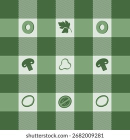 Textura de padrão de vetor sem costura de tecido xadrez verde e imagens de vegetais, ervas, cogumelos.