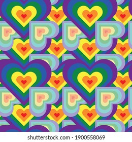 Seamless vector pattern texture with hearts in bright and pastel LGBT flag colours. Valentine romantic design for fabric, wrapping paper, gift paper and postcards.