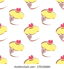 Seamless vector pattern or texture with lemon cupcakes, muffins, sweet cake and red heart on top isolated on white. Background with sweets for valentines, wallpaper, desktop or culinary blog website