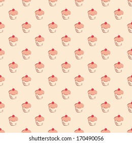 Seamless vector pattern or texture with little cherry cupcakes, hand drawn muffins and sweet cake dessert. Background with sweets for desktop wallpaper, decoration or culinary blog website.
