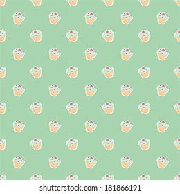 Seamless vector pattern or texture with little cupcakes, blueberry muffins, sweet cake on mint green background.