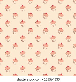 Seamless vector pattern or texture with little red cherry cupcakes, hand drawn muffins and sweet cake dessert. Background with sweets for desktop wallpaper, decoration or culinary blog website.