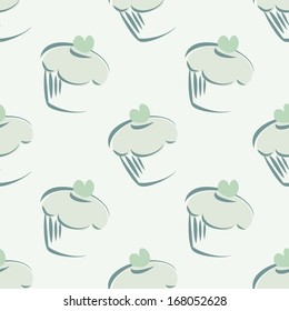 Seamless vector pattern or texture with mint cupcakes, hipster muffins, sweet cake on green background. Background with sweets for desktop wallpaper, web design, kids or culinary blog website