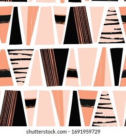 Seamless vector pattern Textured abstract shapes. Black and light pink trapezoids repeating background. Modern art tribal style shapes in horizontal rows. 