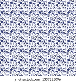 Seamless vector pattern textured, with blue ornament with butterflies, flowers, leaves, on a white background, for the hoop, surfaces, packages, postcards, wallpapers. Cute spring illustration for des