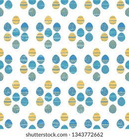 Seamless vector pattern, textured with colorful easter eggs on white backdrop. Beautiful cover, wrapping and background. Cute illustrations. Festive vector design.