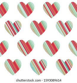 Seamless vector pattern with textured colorful hearts. 