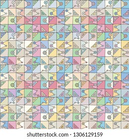 Seamless vector pattern. Textured geometrical drawn background with figures, squares, circle, dots lines, rectangles. Print for background, wallpaper, packaging wrapping fabric Graphic abstract design