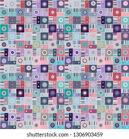 Seamless vector pattern. Textured geometrical drawn background with figures, squares, circle, dots lines, rectangles. Print for background, wallpaper, packaging wrapping fabric Graphic abstract design