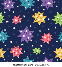 Seamless vector pattern with textured multicolored stars. Dark background. Wrapping paper print, kids pattern, fabric print design concept.