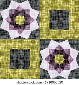 Seamless vector pattern with textured patchwork on black background. Decorative floral quilt wallpaper design. Artistic square fashion textile.