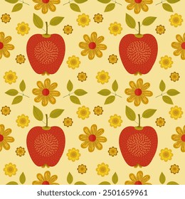 Seamless vector pattern with textured red apples and flowers on a light yellow background.