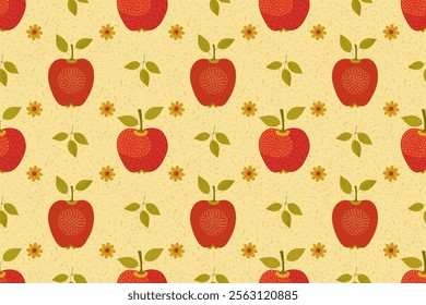 Seamless vector pattern with textured red apples and flowers on a yellow background.