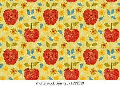 Seamless vector pattern with textured red apples and flowers on a yellow background