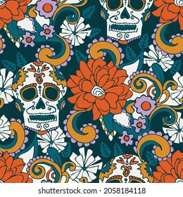 Seamless vector pattern with textured skull and flowers on teal green background. Mexico festive wallpaper design. Decorative floral fashion textile.