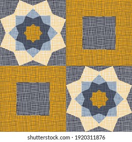 Seamless vector pattern with textured square flower patchwork on blue background. Decorative gypsy boho wallpaper design. Vintage floral quilt fashion textile.