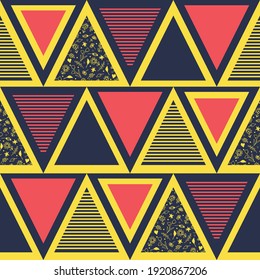 Seamless vector pattern with textured triangles on bright yellow background. Geometrical boho wallpaper design. Modern deco fashion textile.