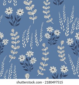 Seamless vector pattern with textured white plants, flowers and branches. Blue background. Fabric print, home textile, wallpapers design concept.