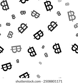Seamless vector pattern with thai baht symbols, creating a creative monochrome background with rotated elements. Vector illustration on white background