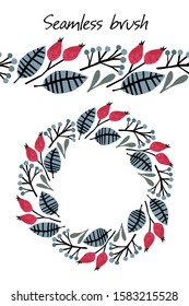 Seamless vector pattern that can be used as a seamless brush in vector programs. Round frame painted with this brush. Rosehip berries and leaves.