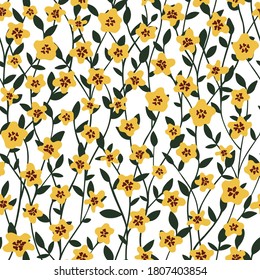 Seamless Vector pattern with thicket, yellow flowers and leaves. Hand drawn fabric, gift wrap, wall art design.