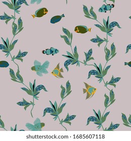 Seamless vector pattern with thin green twigs and fish on a lilac grey background. Modern design for fabric and wallpaper.