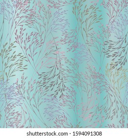 Seamless vector. A pattern with thin twigs and small leaves of pastel shades located randomly on a gradient turquoise background. For textiles, wallpaper, tiles, fabrics, bedding