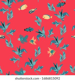 Seamless vector pattern with thin  twigs and fish on a scarlet red background. Modern design for fabric and wallpaper.