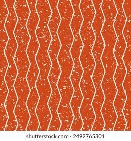 
Seamless vector pattern with thin vertical zigzag pothos on a terracotta background. Vector texture of small specks of paint.