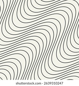  Seamless vector pattern with thin wavy diagonal stripes. Monochrome geometric background with abstract, striped design. Ideal for textiles, packaging, and modern design projects.