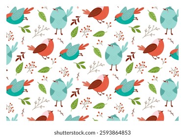 Seamless vector pattern with three adorable colorful birds and spring elements in flat style. Cute vector texture for bedding, fabric, wallpaper, wrapping paper, textile, t-shirt printing