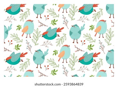Seamless vector pattern with three blue funny birds and spring elements in flat style. Cute vector texture for bedding, fabric, wallpaper, wrapping paper, textile, t-shirt printing
