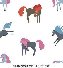 Seamless vector pattern with three cute horses on a white background.