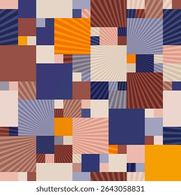 Seamless vector pattern with three size squares and translucent radiating beams in hipster plaid color palette